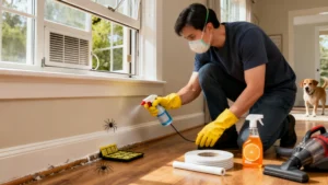 Person in mask and gloves spraying and placing spider traps with vacuum and citrus cleaner.