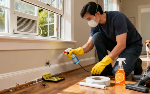 Person in mask and gloves spraying and placing spider traps with vacuum and citrus cleaner.