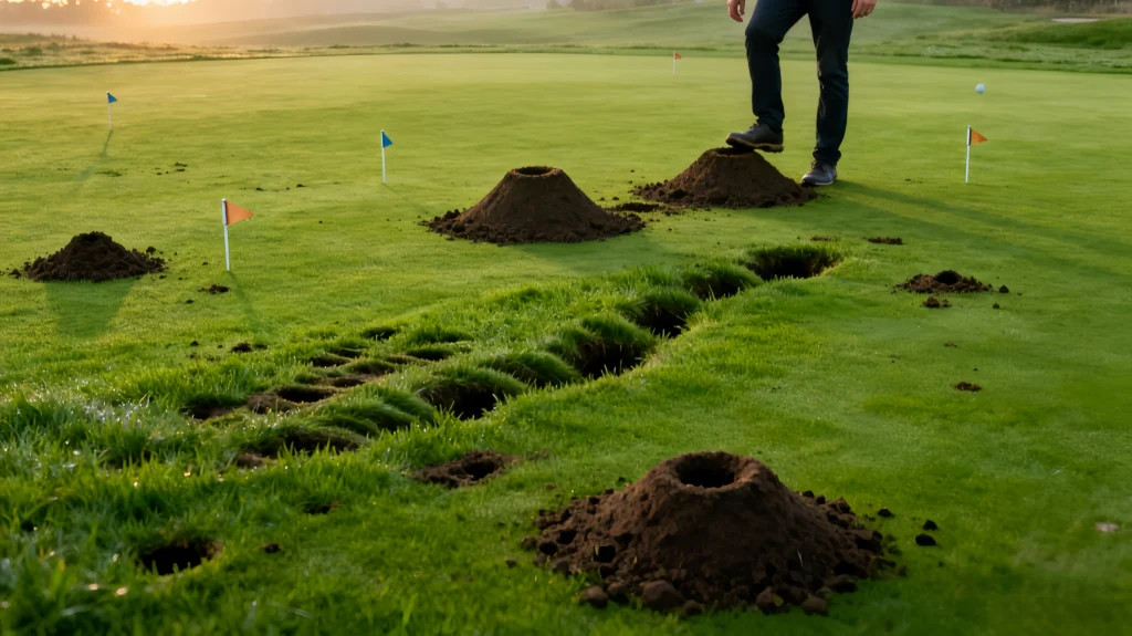 Visual guide comparing mole vs vole vs gopher signs and stomp-test on lawn — how to get rid of moles in your yard