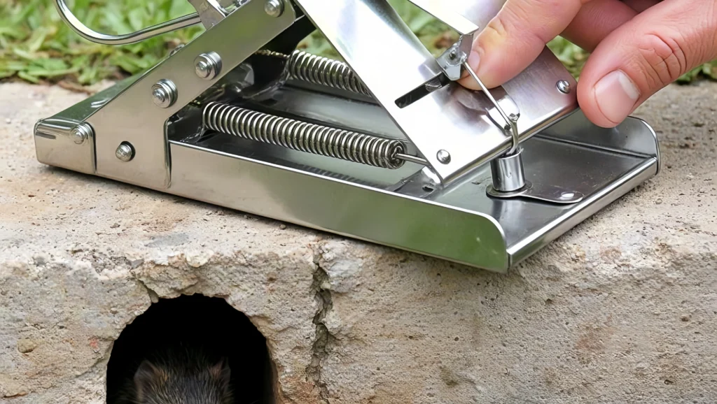 Installing scissor trap in mole tunnel, how to get rid of moles in yard
