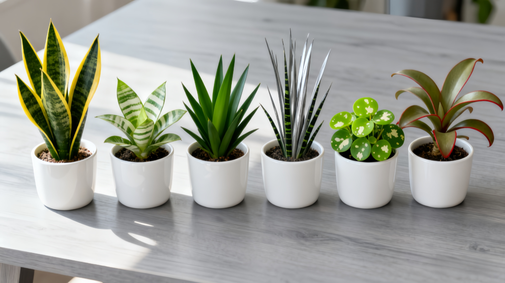 Six different snake plant varieties in identical white pots side by side