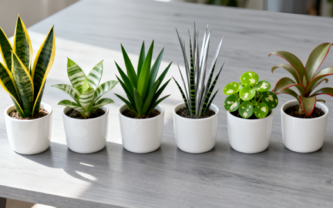 Six different snake plant varieties are placed side by side in identical white flower pots.