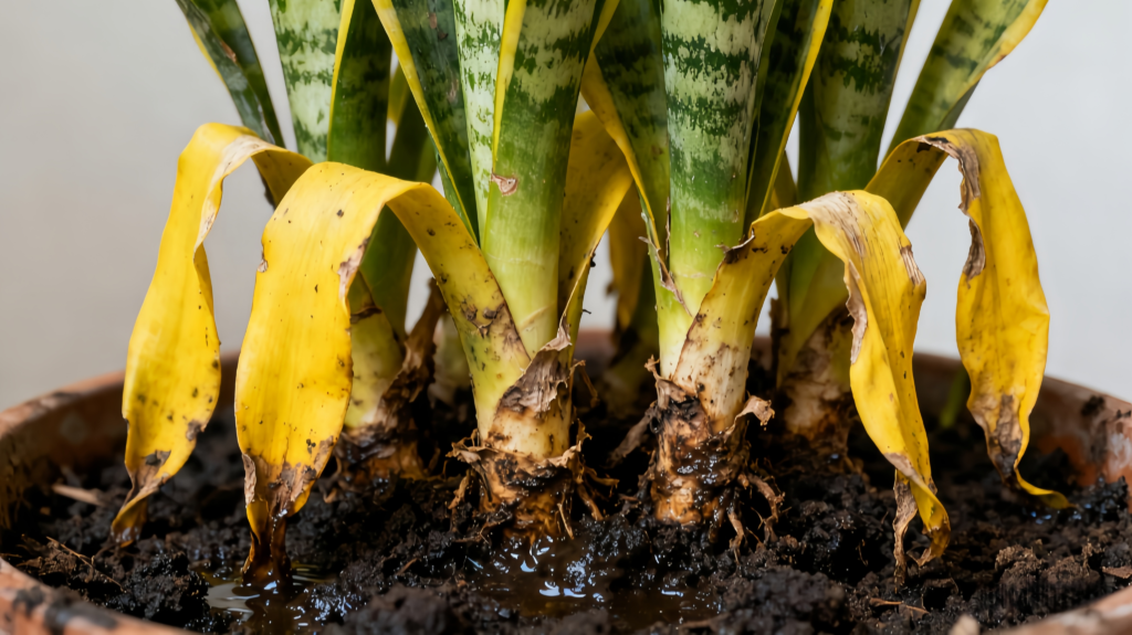 Comparison of black rotted snake plant roots versus healthy white roots