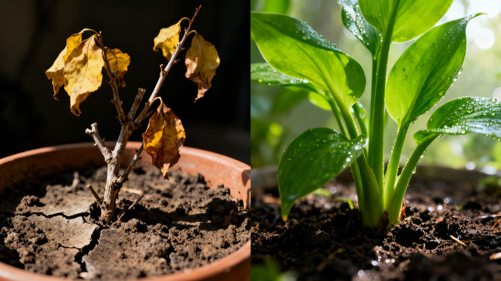 Terracotta pot with well-drained soil versus soggy soil for preventing root rot