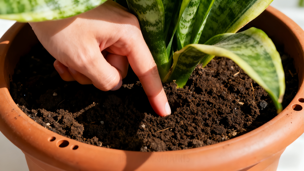 Healthy firm snake plant leaves versus overwatered yellow mushy leaves