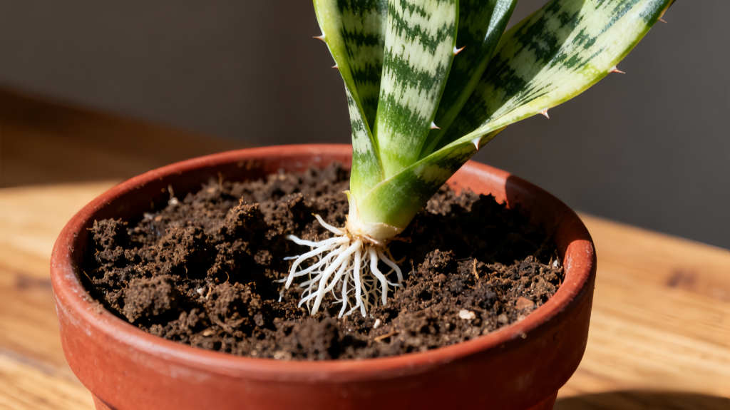 New snake plant pup emerging from soil next to the mother leaf cutting