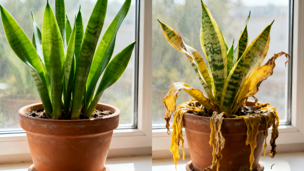 Severely overwatered snake plant with yellow drooping leaves and wet soil