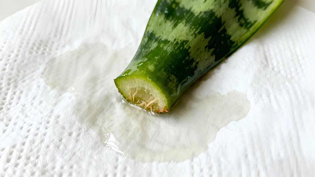 Snake plant cutting with tiny roots emerging, a successful propagation step