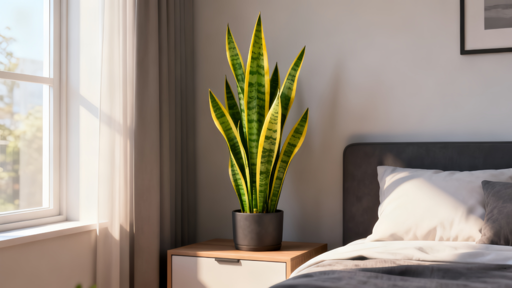 Thriving snake plant on a nightstand with soft natural light, perfect for a bedroom
