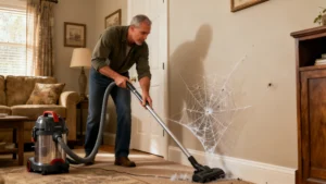 Vacuum removing spider web from a living room corner while kids and pets stay away