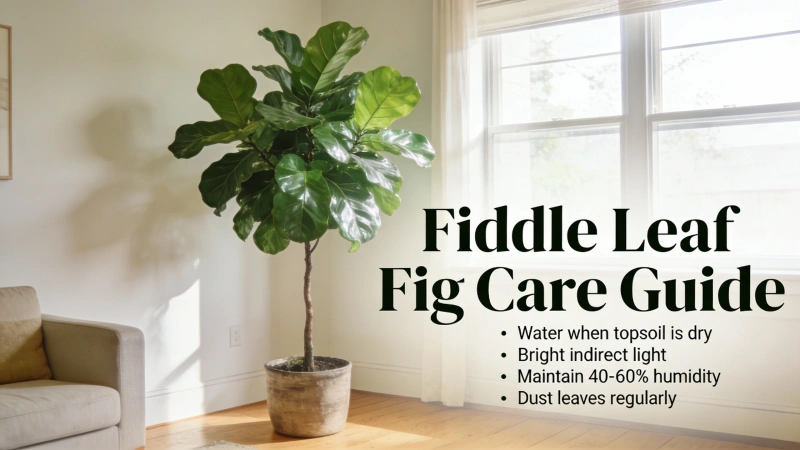 Healthy fiddle leaf fig tree with large glossy green leaves in a bright living room - fiddle leaf fig care guide