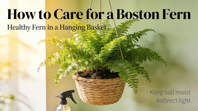 Healthy Boston fern in a hanging basket - how to care for a Boston fern featured image