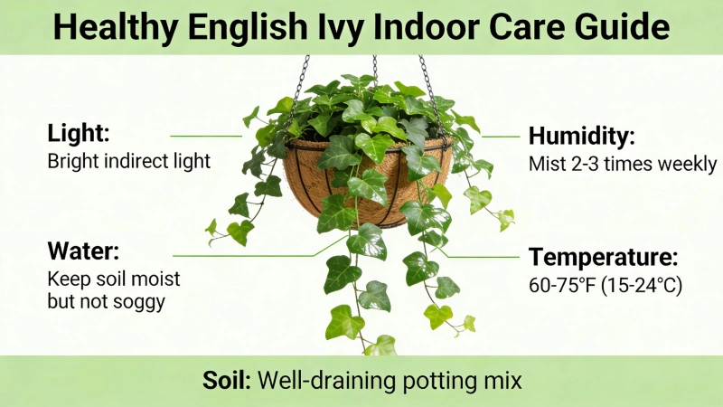 Healthy English ivy trailing from a hanging basket indoors