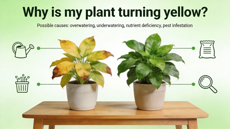 Houseplant with yellow leaves next to a healthy green plant - why is my plant turning yellow