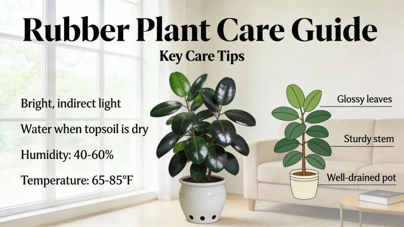 Healthy rubber plant with glossy dark green leaves in a bright living room