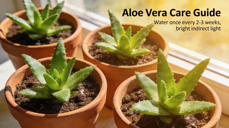 Four healthy aloe vera plants in terracotta pots on a sunny windowsill