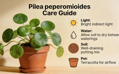Healthy Chinese Money Plant with round coin-shaped leaves in a terracotta pot - Pilea peperomioides care guide