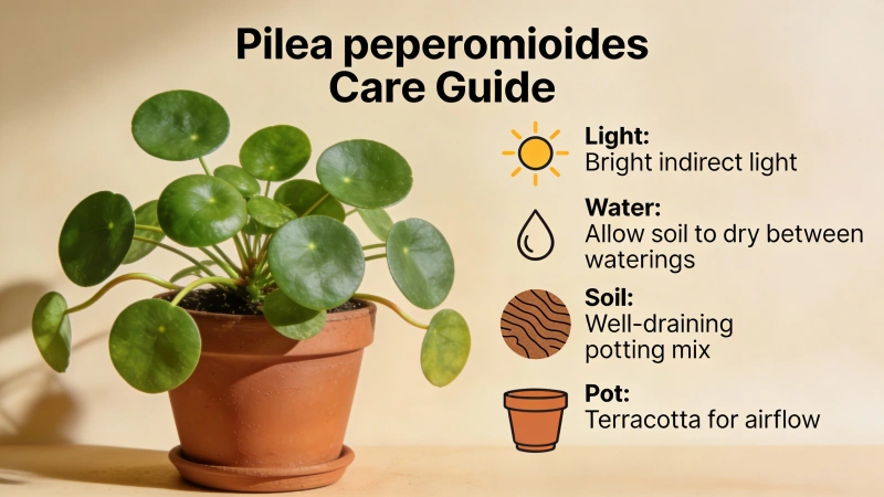 Healthy Chinese Money Plant with round coin-shaped leaves in a terracotta pot - Pilea peperomioides care guide