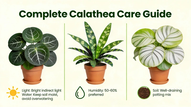 Collection of healthy Calathea plants with vibrant patterned leaves including Medallion, Rattlesnake and Orbifolia