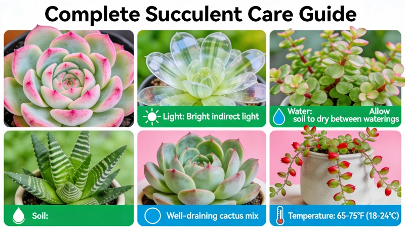 Colorful healthy succulent collection including echeveria, haworthia and sedum