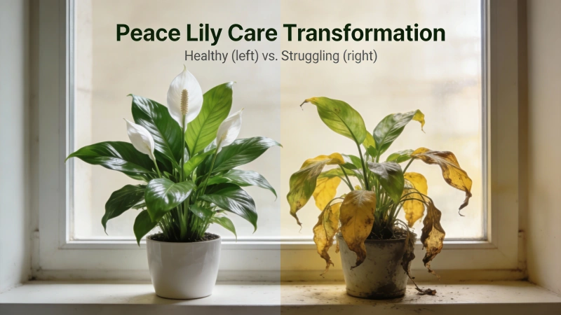 Healthy peace lily with white blooms next to a struggling plant with yellow leaves - peace lily care transformation