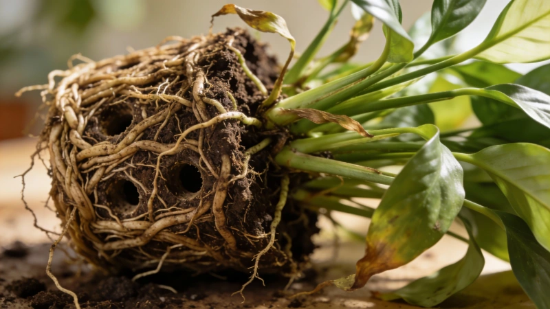 Rootbound peace lily removed from pot showing dense circling roots needing repotting