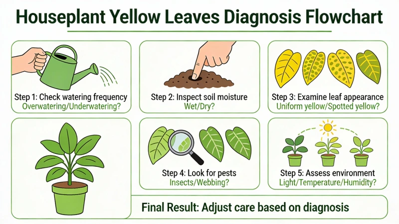 Step-by-step flowchart for diagnosing yellow leaves on houseplants