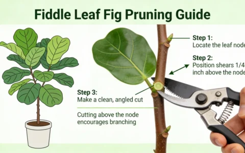 How to prune fiddle leaf fig showing where to cut above leaf node for branching
