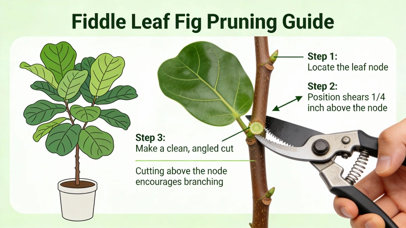How to prune fiddle leaf fig showing where to cut above leaf node for branching