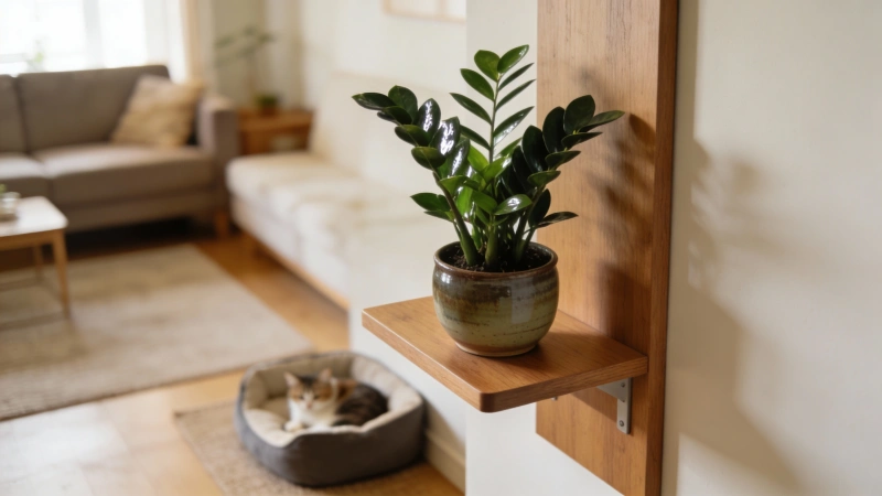 ZZ plant on a high shelf out of reach of pets for safety