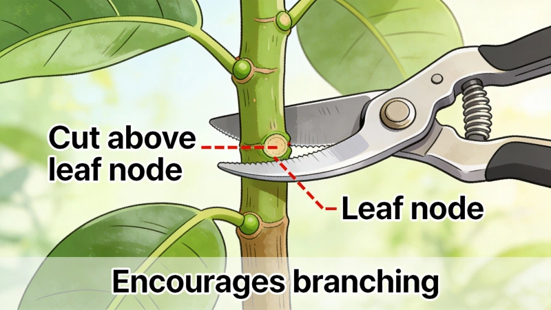 Pruning a rubber plant stem above a leaf node to encourage branching