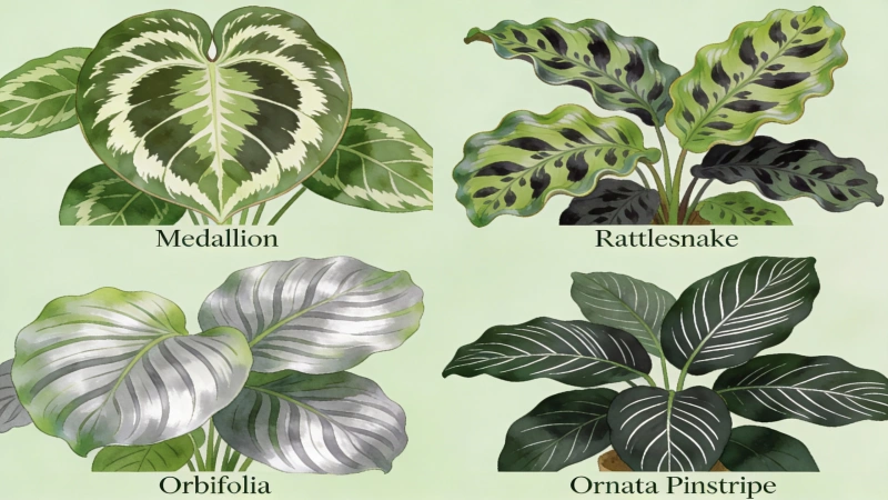 Four popular Calathea varieties: Medallion, Rattlesnake, Orbifolia and Ornata Pinstripe