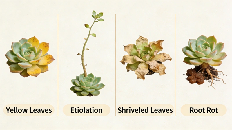 Common succulent problems: yellow leaves, etiolation, shriveled leaves and root rot