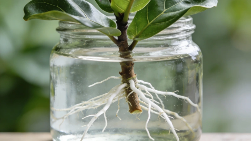 Fiddle leaf fig cutting rooting in water showing new root growth for propagation