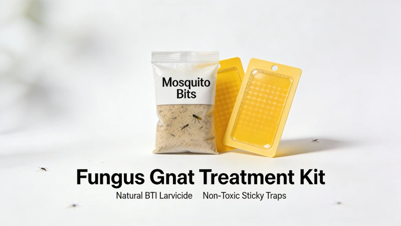 Fungus gnat treatment products including Mosquito Bits and yellow sticky traps