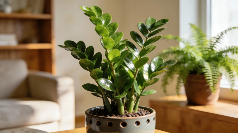 Beautiful healthy ZZ plant with glossy leaves thriving in a home setting
