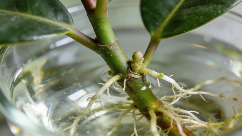 Rubber plant stem cutting rooting in water with new roots developing from the node
