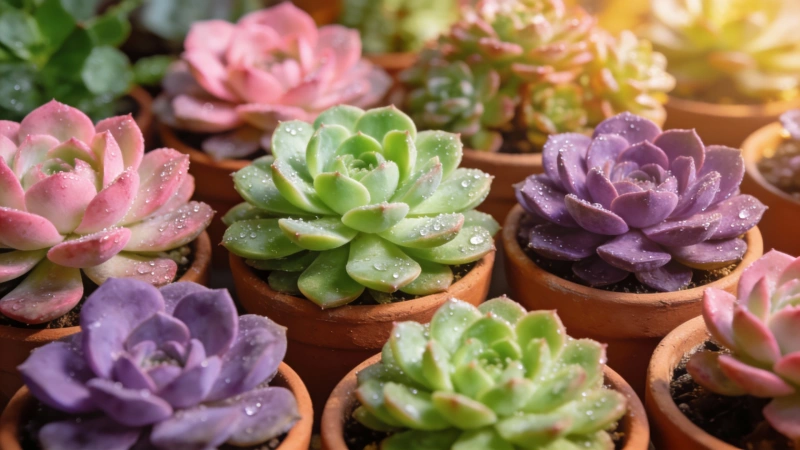 Thriving colorful succulent collection as a successful care result