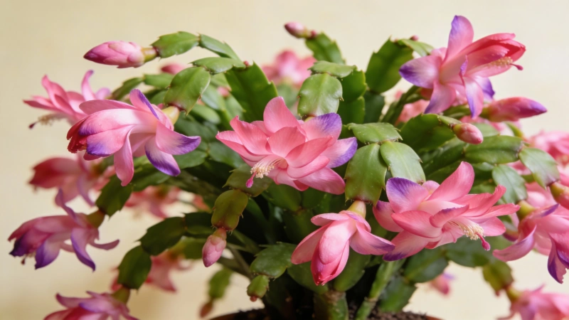 Beautiful mature Christmas cactus in full bloom with many pink flowers - holiday plant care success