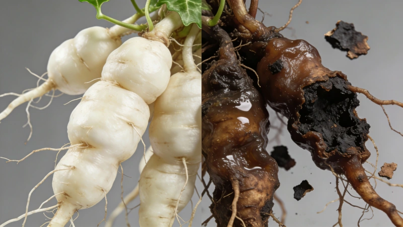 Healthy white English ivy roots versus brown rotted roots