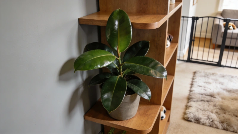 Rubber plant placed on a high shelf out of reach of pets for safety