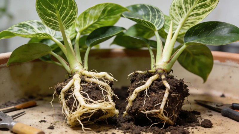 Dividing prayer plant for propagation - showing root separation
