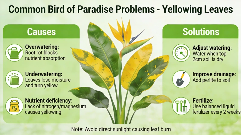 Common bird of paradise problems - yellowing leaves