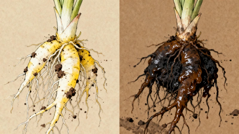 Left: healthy roots. Right: root rot from overwatering.