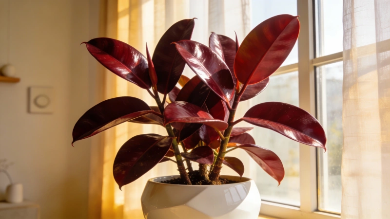 Healthy rubber plant with glossy burgundy leaves thriving in a bright home
