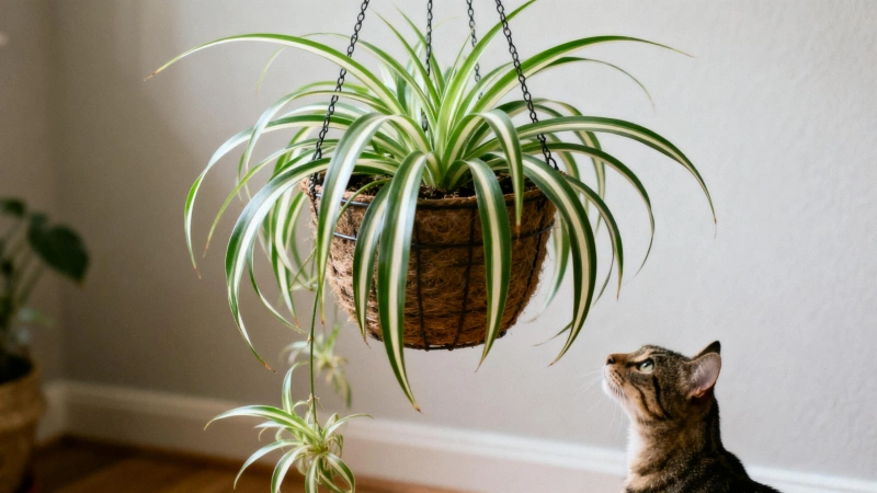 Hanging baskets keep spider plants out of reach from curious pets.