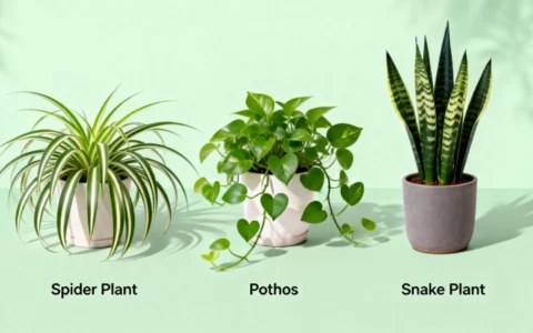 A beginner-friendly plant collection: spider plant, pothos, and snake plant.