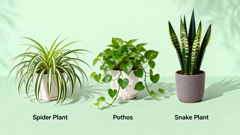 A beginner-friendly plant collection: spider plant, pothos, and snake plant.