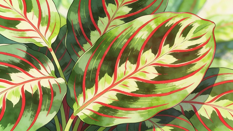 Prayer plant leaves showing red veins and green pattern - Maranta leuconeura