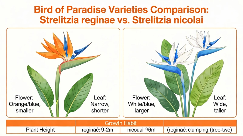Bird of Paradise varieties comparison - Strelitzia reginae and Strelitzia nicolai